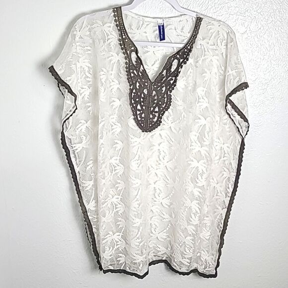 Authentic Gear White Lace Cover-up with Brown Embroidered Trim, Size S/M - Picture 1 of 7